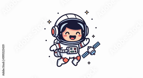 Happy Astronaut Floating in Space with Satellite and Stars.