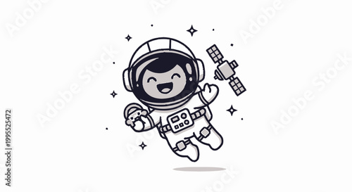 Happy Astronaut Floating in Space with Satellite and Stars.