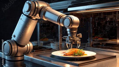 Robotic arm plating a gourmet dish in an automated restaurant kitchen