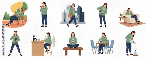 Flat Style Illustration Set of Woman Doing Daily Lifestyle Activity