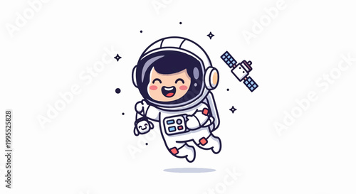 Happy Astronaut Floating in Space with Satellite and Stars.