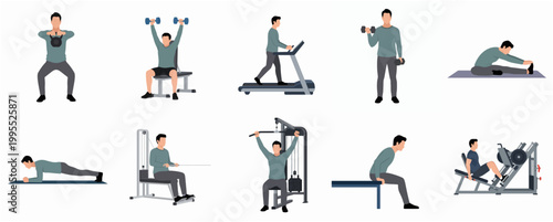 Flat Design Man Performing Various Exercise Poses and Fitness Equipment Illustration