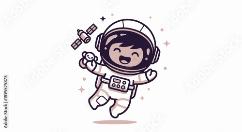 Happy Astronaut Floating in Space with Satellite and Toy.