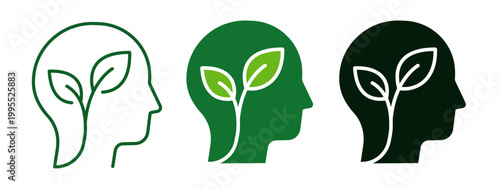 Head and leaves icons. Representing eco thinking and sustainability. Linear and filled set. Vector illustration.