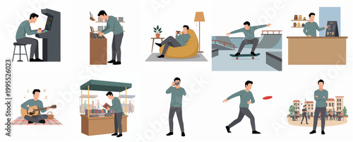 Flat Illustration of Man Doing Many Activities and Hobbies Set of Scenes