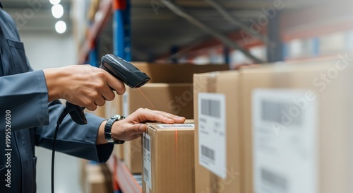 Warehouse worker scanning packages on shelves using a handheld barcode scanner