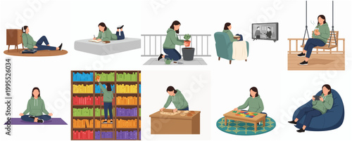 Minimalist Illustration Woman Doing Various Activities at Home Lifestyle Concept
