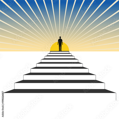 Vector illustration of a person standing at the top of ascending stairs facing a bright sunrise, representing success, ambition, growth and reaching goals. Clean modern design with strong perspective.