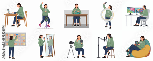Flat Illustration of Young Woman Doing Various Activity as Content Creator