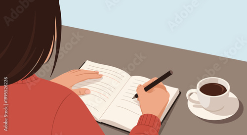 High-angle vector illustration of a person with long dark hair writing in an open notebook on a gray desk, featuring a white coffee cup, a black pen, and a minimalist aesthetic.