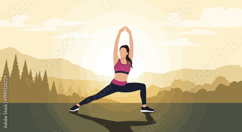 Flat vector illustration of a faceless woman in pink athletic top and black leggings performing a side lunge yoga stretch with arms raised against a mountain landscape at sunset.