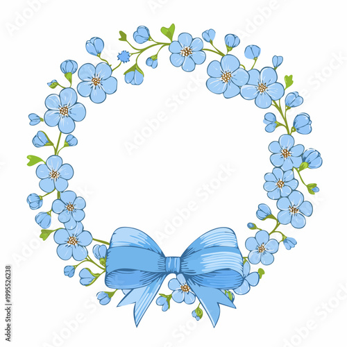 ネモフィラ春花円形フレームかわいい青色リボン線画枠素材