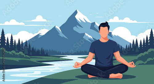 Vector illustration of a man sitting in lotus pose meditating by a winding river with snow-capped mountains, evergreen forest, and a clear blue sky in a flat minimalist digital art style.