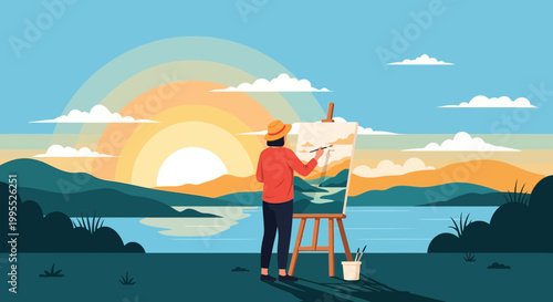 Vector illustration of an artist in a red shirt and hat standing outdoors painting a sunrise landscape on a canvas easel near a calm lake with mountains in the background.