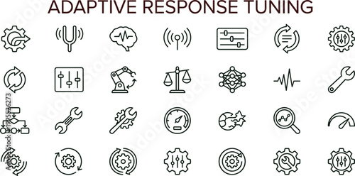 Adaptive response tuning outline icon set featuring workflow optimization automation analytics vector collection for dashboards interfaces presentations applications platforms