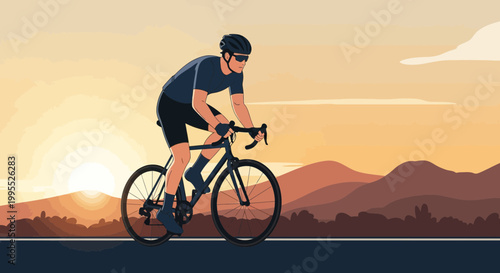 Vector illustration of a male athlete in professional cycling gear riding a road bike on an asphalt path at sunset, featuring a scenic mountain landscape and orange sky background.