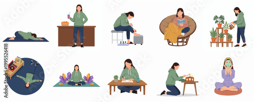 Flat Illustration Various Self Care Activities Relaxing at Home Lifestyle Concept