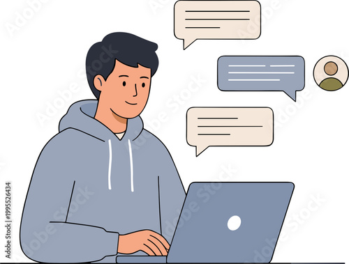 A man interacts with a laptop and conversations appear