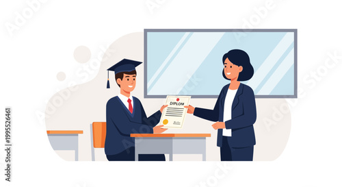 Flat vector illustration showing a male student in a graduation cap and gown receiving his diploma from a female teacher in a classroom with a whiteboard and school desks.