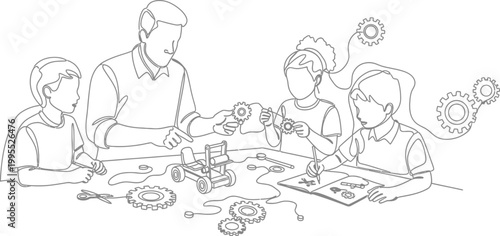 Minimalist continuous line drawing of a mentor teaching children robotics and mechanics with gears in an educational workshop environment