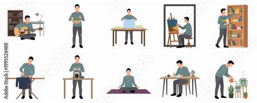 Flat Design Man Doing Various Hobby and Domestic Activities Illustration Set