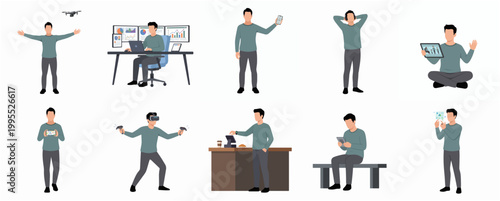 Minimalist Flat Illustration of Man Using Technology in Various Activity