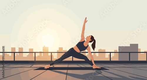 Vector illustration of a young woman practicing the Triangle yoga pose (Trikonasana) on an urban rooftop at sunset, featuring a minimalist city skyline and warm golden light.