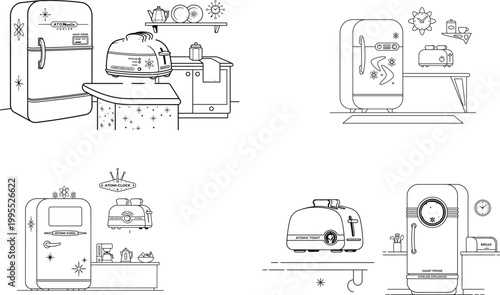 Atomic age household appliances set vector illustration, retro atomic cooler, smart home device, toaster.