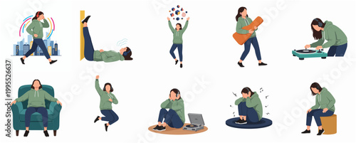 Minimalist Flat Character Different Activity and Emotion of Young Adult