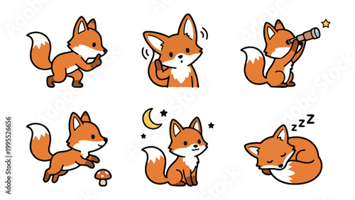 Adorable cartoon fox set showing different cute emotions and activities, perfect for playful designs.