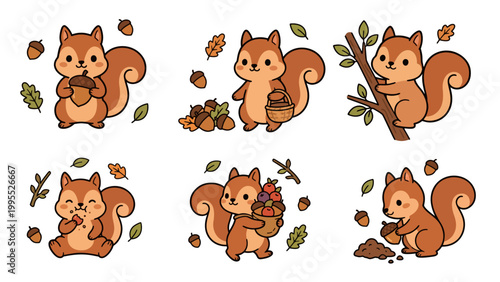 Adorable cartoon squirrels collecting acorns and berries in autumn