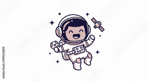 Happy Cartoon Astronaut Floating in Space Near Satellite.