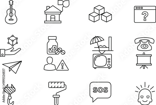 Collection of Multi-Purpose Line Icons Featuring Guitar, House, SOS, Phone, and Travel Elements for Diverse Designs