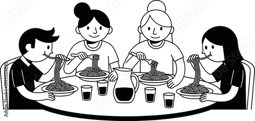 Minimalist black and white vector illustration of a happy family sitting around a table eating spaghetti together