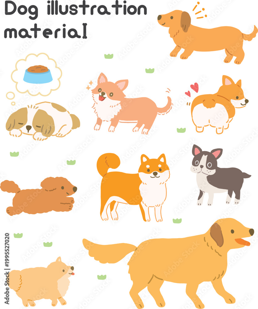 Obraz premium さまざまな犬種のかわいいイラストセット