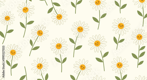 Cheerful pattern of smiling white daisy flowers with green leaves on a warm cream background, perfect for nursery decor or spring textile prints.