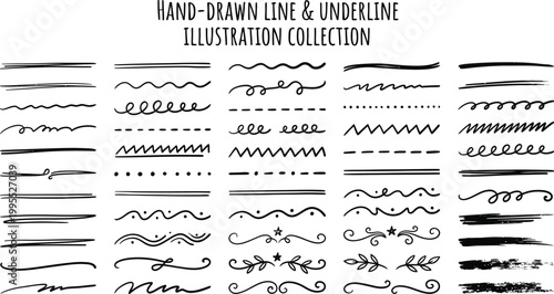A collection of hand-drawn line and underline illustrations in black on a white background
