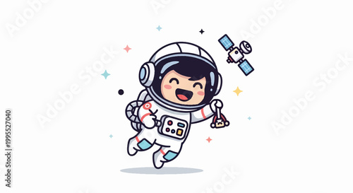Happy Astronaut Floating in Space with Satellite Illustration.