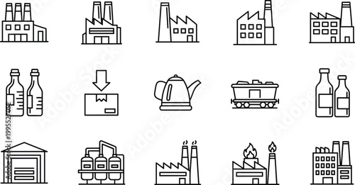 Industrial Manufacturing and Packaging Icons Collection, Factory, Bottles, and Warehouse Symbol Set for Business and Production Illustrations