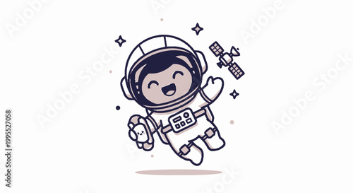 Happy Cartoon Astronaut Floating in Space with Satellite.