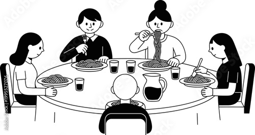 Minimalist black and white vector illustration of a family sitting around a round table eating spaghetti dinner together