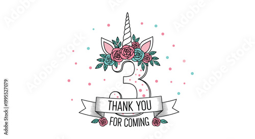 Unicorn themed third birthday thank you card featuring a floral unicorn head and the number three with colorful dots on a white background.