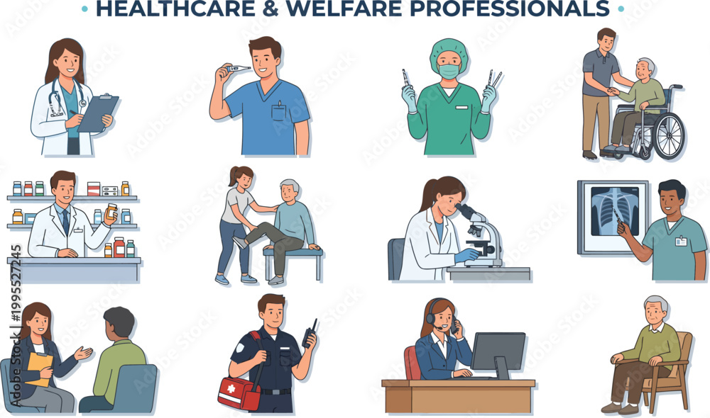 Fototapeta premium A diverse group of healthcare and welfare professionals providing medical care and support to patients in various settings.