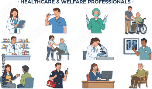 A diverse group of healthcare and welfare professionals providing medical care and support to patients in various settings.