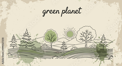 Hand-drawn landscape illustration of hills and trees with green planet text for environmental awareness campaigns and eco-friendly products.