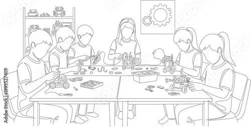 Children Building Robots in a STEM Classroom Workshop Vector Illustration for Educational Coloring Book and Creative Learning Activities