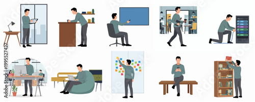 Diverse Flat Character Man Doing Different Activities and Working Scenarios