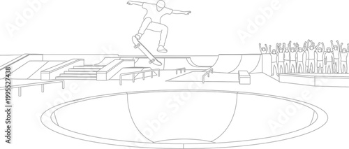 Minimalist line art vector illustration of a professional skateboarder performing a high jump in a crowded urban skatepark