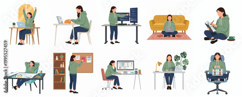 Flat Design Various Lifestyle Woman Working from Home Illustration Set