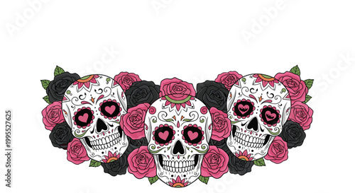 Group of three ornate sugar skulls decorated with hearts and surrounded by pink and black roses for traditional day of the dead celebrations.